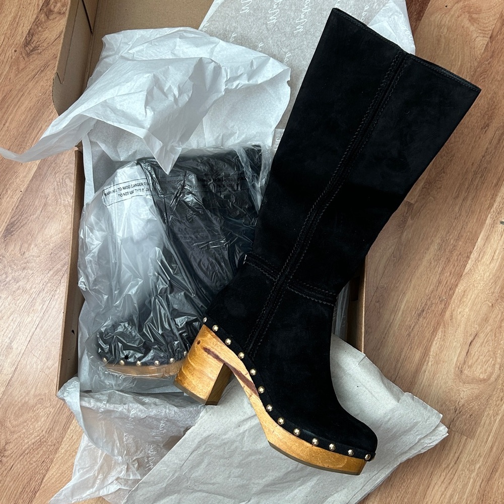 NIB Matisse Daniela Black Suede Knee-High Platform Boots with Wooden Clog Heel 8